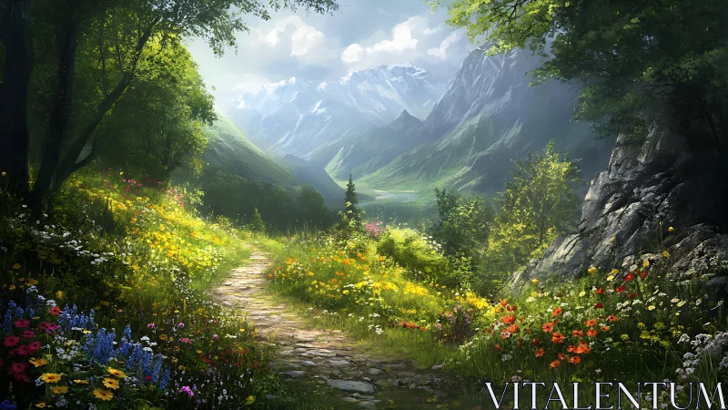 Sunlit wildflower trail winding toward dreaming mountain peaks.