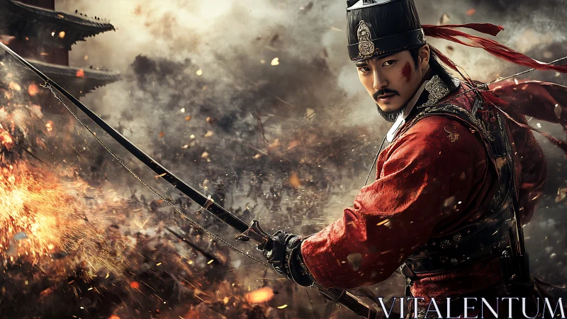 Scarlet warlord carves fire through a storm of steel.