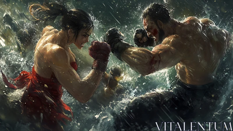 Intense underwater boxing match with muscular fighters.