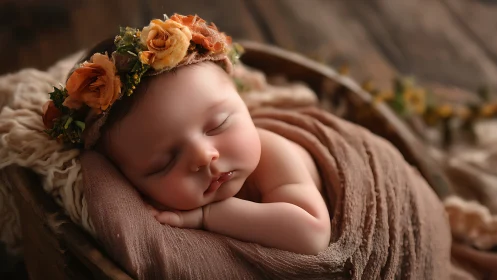 Newborn Baby with Floral Crown in Warm Fabric Wrapping