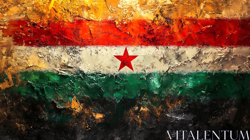 Textured tricolor flag painting shows central red star emblem