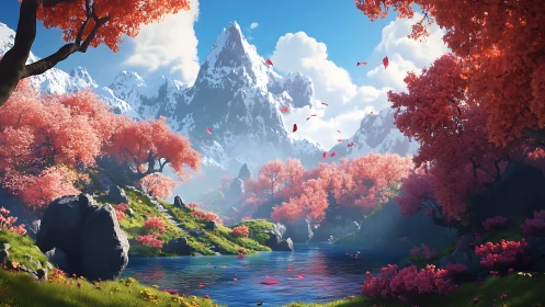 Radiant valley lake beneath towering snowcapped peaks.