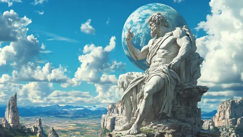 Colossal sky guardian lounges while cradling a fragile Earth
