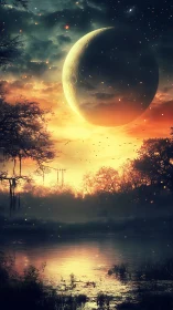 Giant crescent planet over reflective lake at twilight