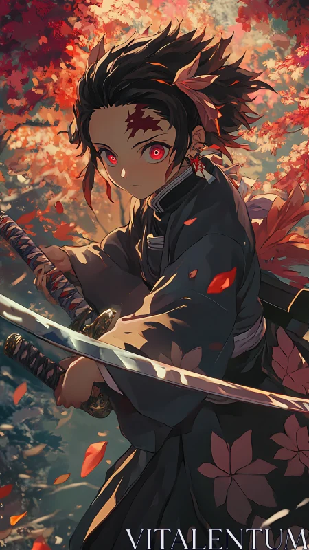 Dynamic anime swordsman in kimono under autumn foliage light