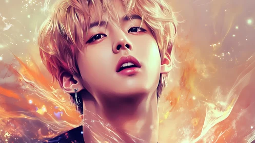 Digital portrait of ethereal youth amid swirling firelight