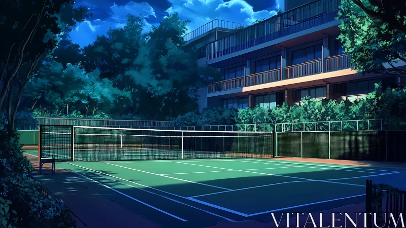 Evening light gently settles over a quiet green tennis court