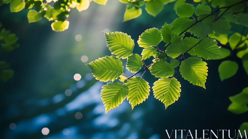 Sunlit Green Leaves Close-Up with Soft Bokeh Background.