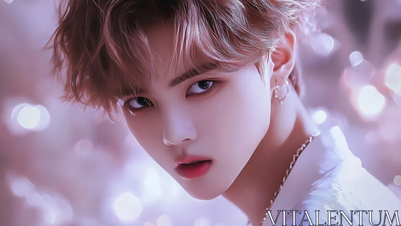 Soft pink anime portrait with intense direct gaze.