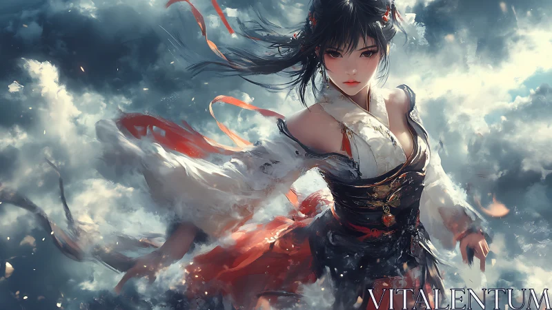 Warrior woman in flowing robes against dramatic sky.