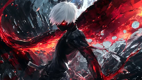 White-haired masked fighter channels red energy tendrils mid-battle