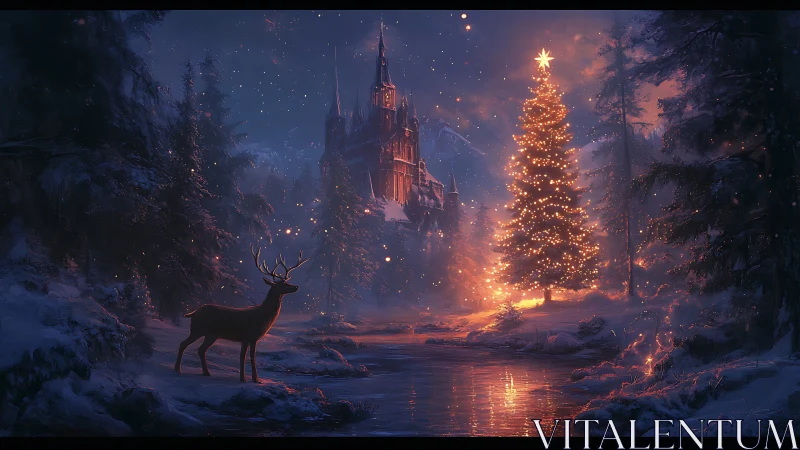 Winter forest river with illuminated tree and distant castle.