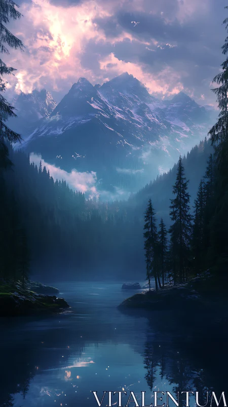 Moonlit alpine lake rests beneath glowing snow peaks.