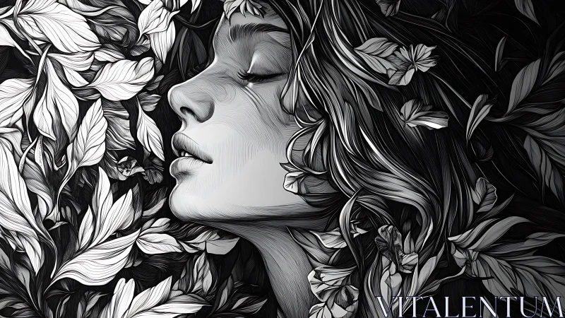 Monochrome female portrait entwined with flowing leaves.