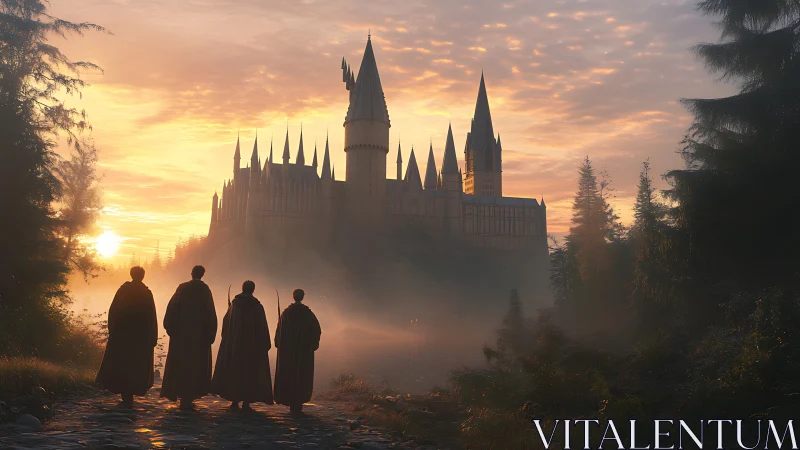 Sunlit castle welcomes cloaked travelers through morning mist.