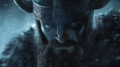 Viking warrior glares through blizzard in icy blue light