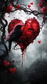 Black Raven Perched on Crimson Heart Among Thorned Branches.