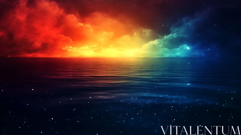 Spectral horizon over reflective oceanic plane at twilight.