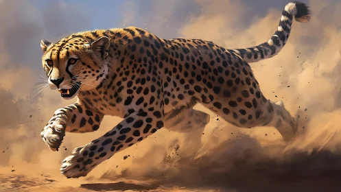 Cheetah sprinting through desert dust at full speed.