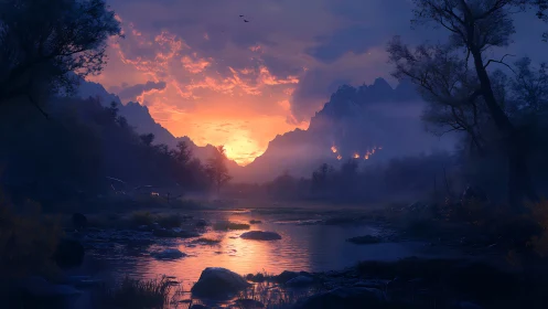 Mountain valley river at dusk with illuminated sky and fire.