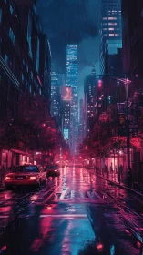 Neon-lit rainy avenue channels cinematic cyber-noir perspective