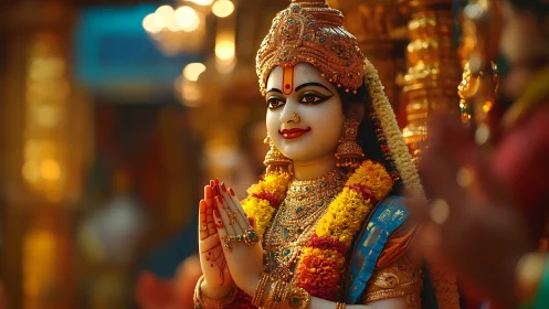Gilded Hindu goddess statue stands adorned with garlands