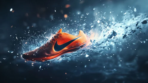 Electric orange running shoe slicing through wild water.