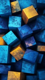 Textured blue and gold metallic cubes in dense arrangement.