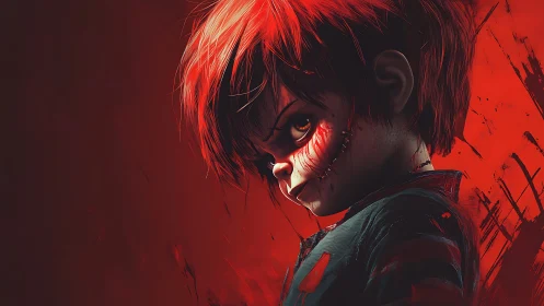 Scarlet-haired demon doll glares through a storm of bloodred.
