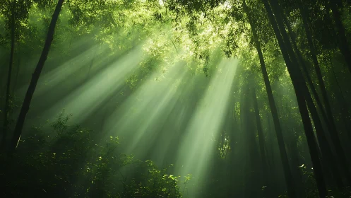 Sunlight beams penetrating dense green bamboo forest canopy.
