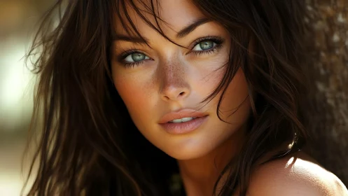 Sunlit gaze of a freckled muse in soft golden focus.