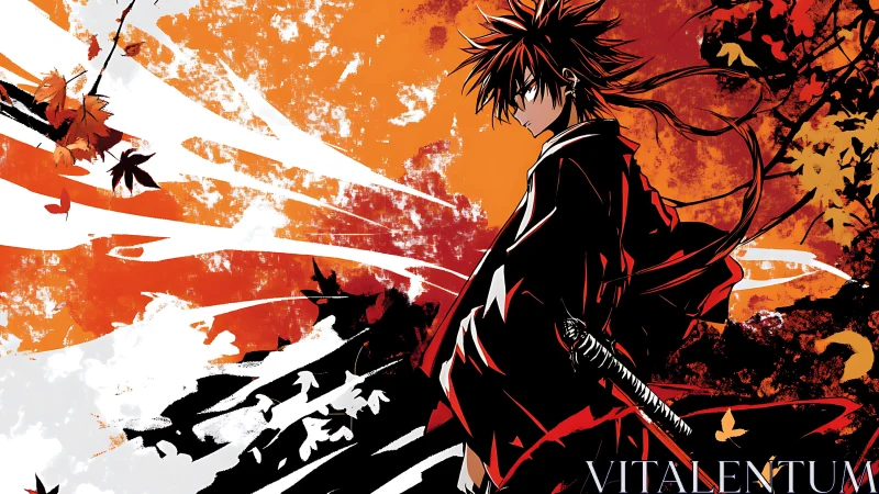 Samurai silhouette intersects high-contrast autumn vector turbulence