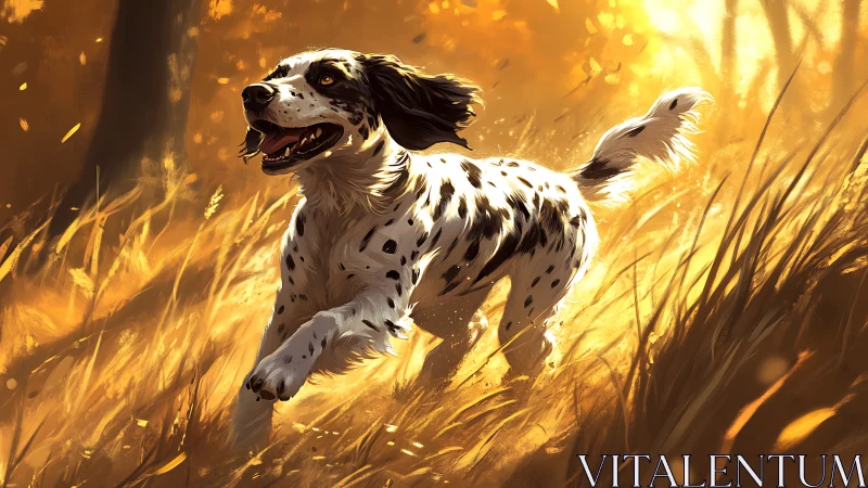 Spotted dog runs through sunlit golden grass in autumn