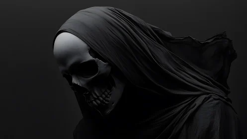 Hooded skeletal figure rendered in dark monochrome profile.