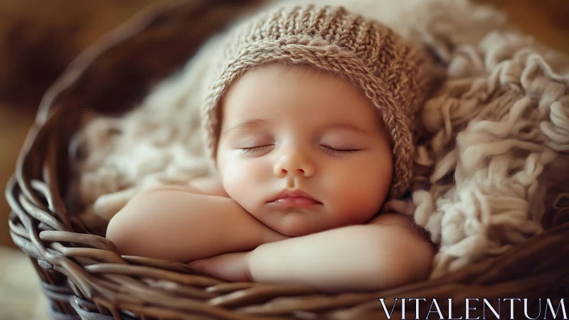 Sleeping newborn in knit hat rests on woven basket.