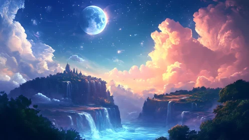 Moonlit cloud kingdoms drift above cascading dream waters.
