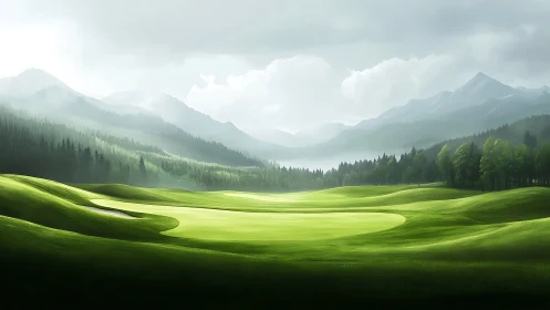 Mountain valley golf green under overcast sky conditions.