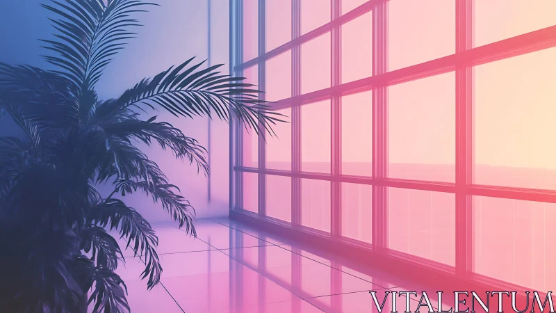 Palm plant in pastel sunlit modern glass hallway interior.