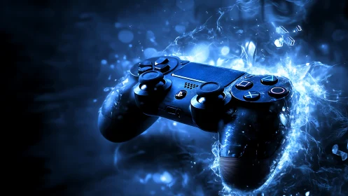 Blue glowing game controller in dynamic digital splash.