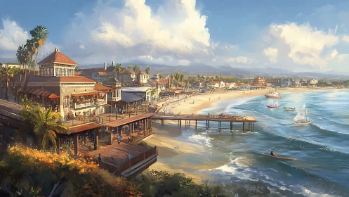 Sunlit coastal boardwalk unfolds along a lively seaside town