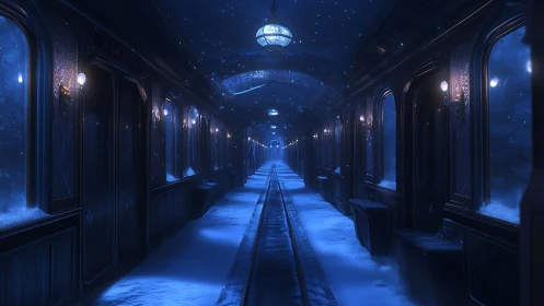 Nocturnal snowbound railway corridor rendered in cinematic blue