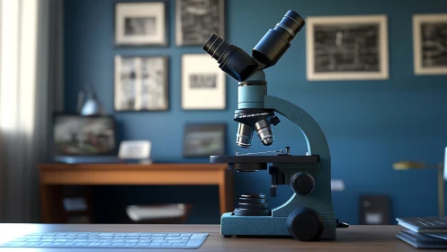 Study-side microscope waits in sunlit, teal-walled workspace.