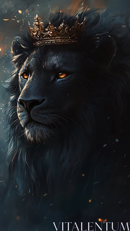 Dark crowned lion with glowing eyes in moody light.
