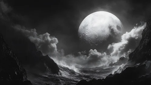 Tidal moonrise roaring through black cliffs and ghost clouds.