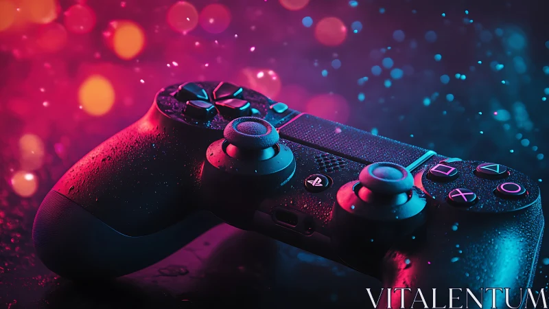 Neon-lit game controller with raindrop highlights at night.
