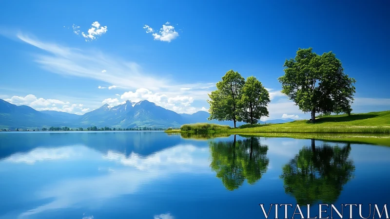 Symmetric lakeside reflection aligns trees, grassland and alpine ridge