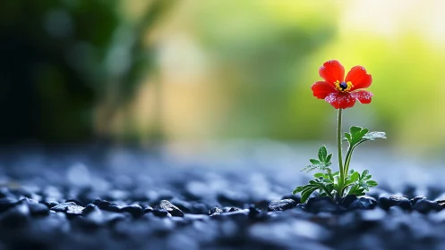 Red wildflower rises through wet stones in soft bokeh field.