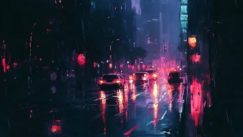 Nocturnal city street with wet roadway and car tail lights.