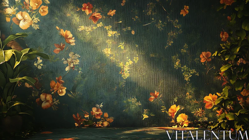 Sunlit floral mural with lush plants on teal wall surface.