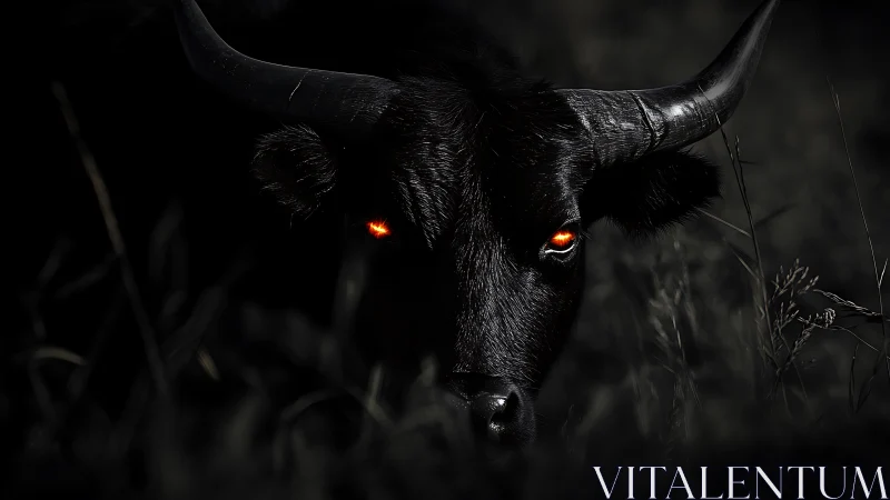 Midnight bull emerging with ominous ember-bright eyes.